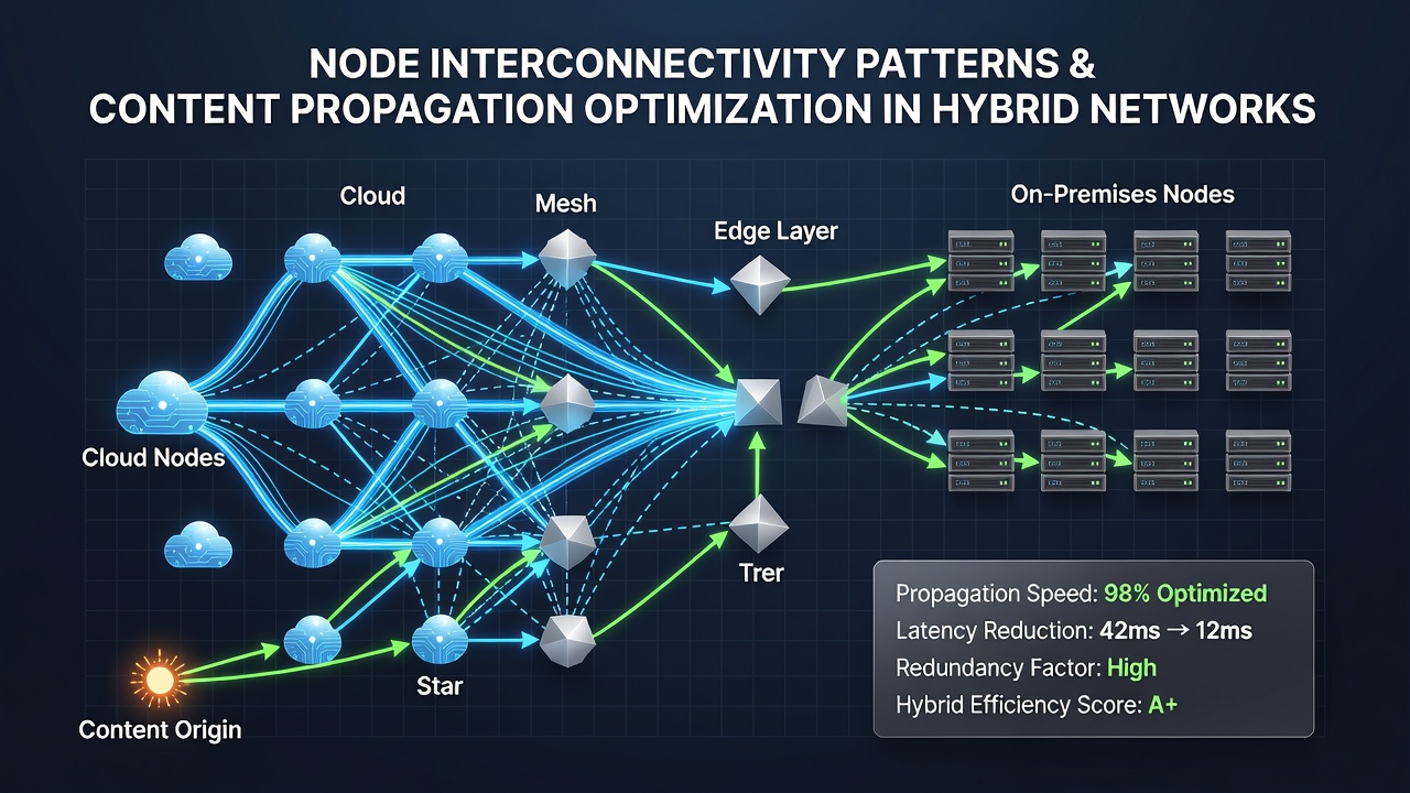 Illustration of content propagation flow through interconnected nodes in a hybrid network architecture
